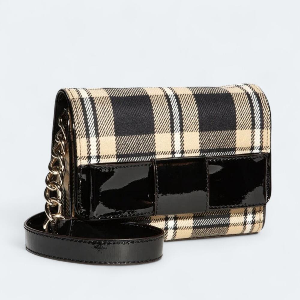 kate spade Black and Beige Plaid Patent Leather Crossbody Bag